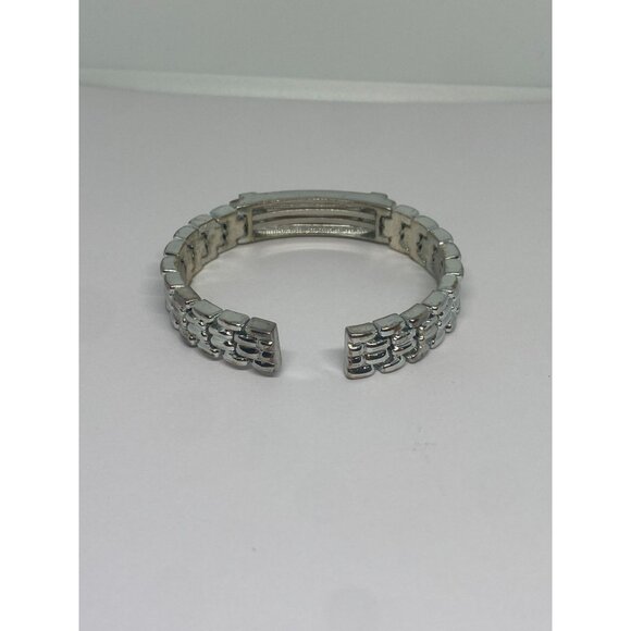 Vintage Monet Silver Tone Cuff Bracelet With Mother Of Pearl & Rhinestones - Picture 3 of 4